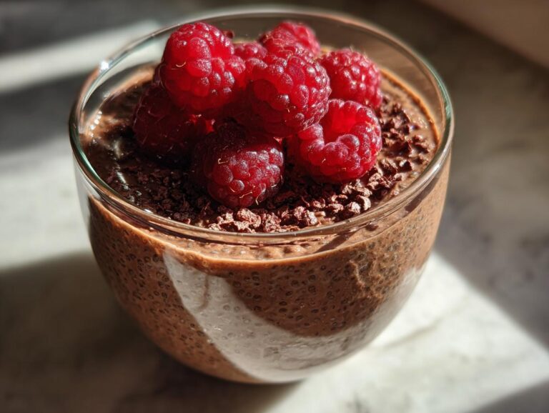 A glass of chocolate chia pudding topped with fresh raspberries and chocolate shavings.
