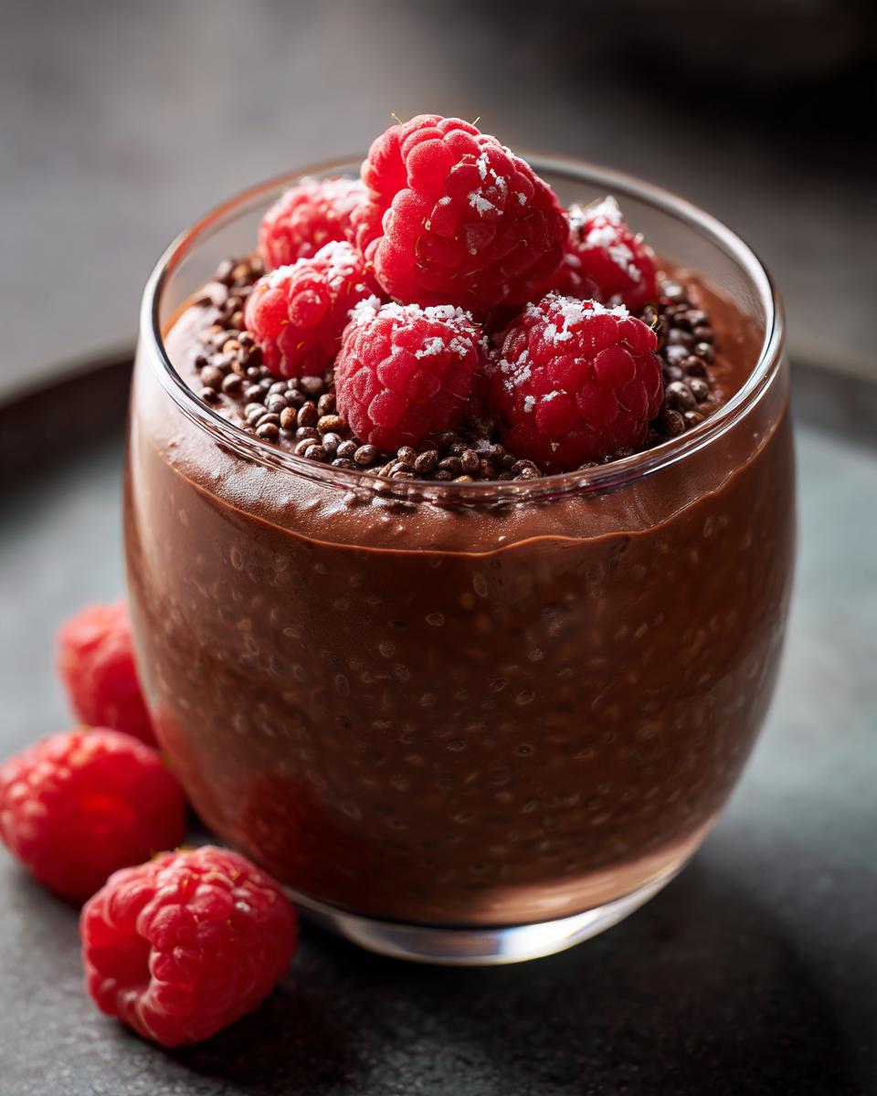 A glass of chocolate chia pudding topped with fresh raspberries and chocolate sprinkles.