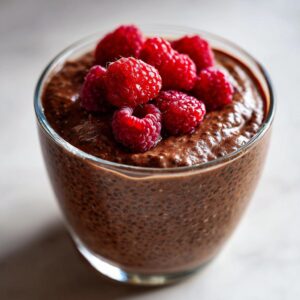 A glass of chocolate chia pudding topped with fresh, ripe raspberries.