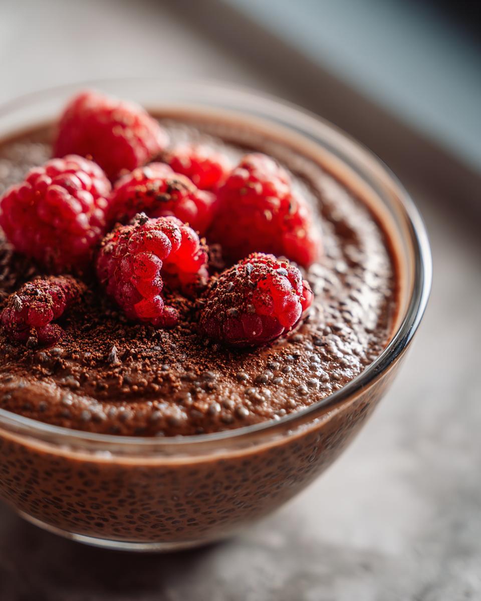 Close-up of chocolate chia pudding in a glass bowl, topped with fresh raspberries and chocolate shavings.