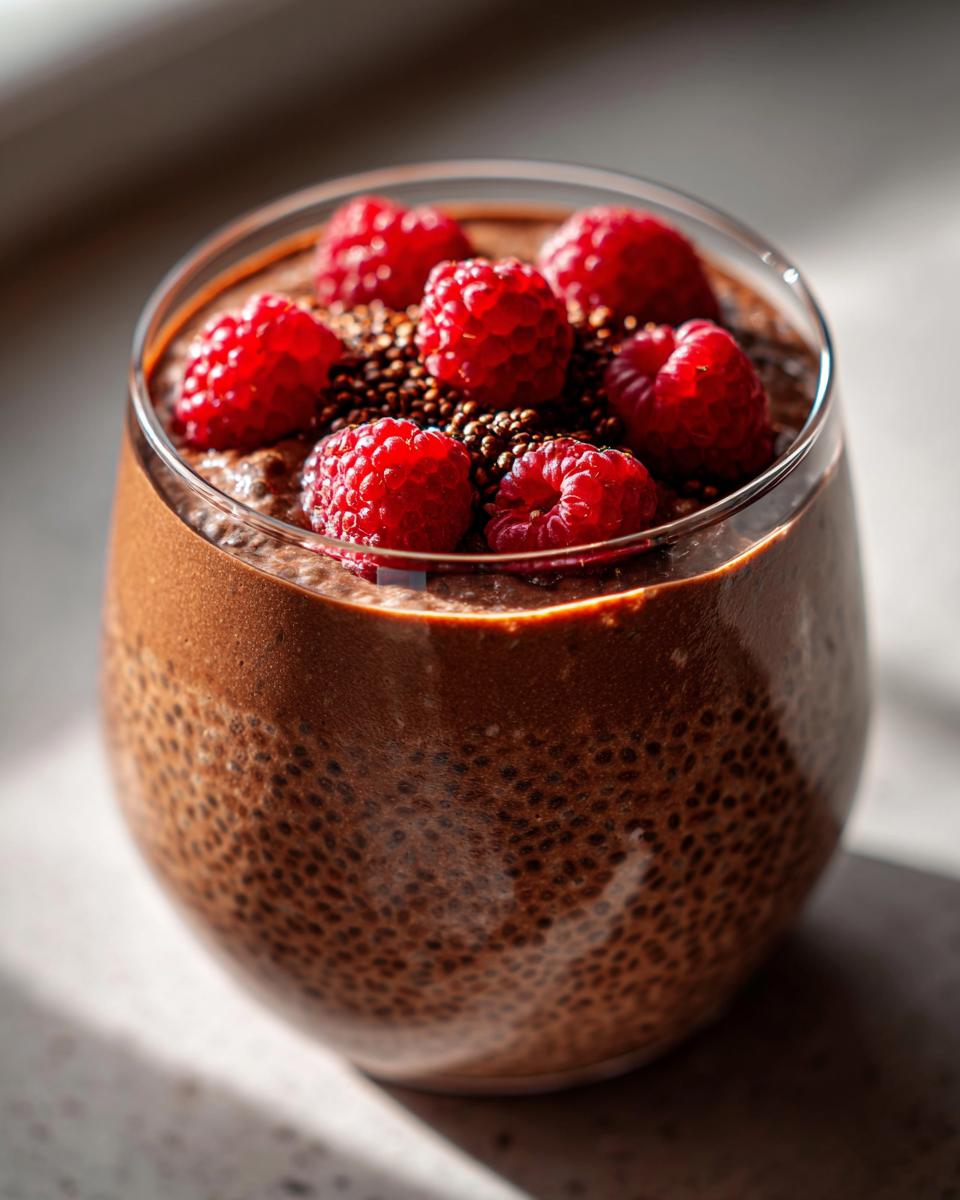 A glass of chocolate chia pudding topped with fresh raspberries and chocolate sprinkles.