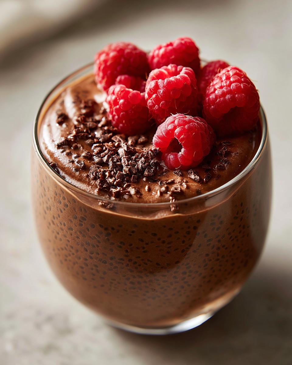 A glass of chocolate chia pudding topped with fresh raspberries and chocolate shavings.