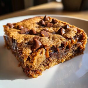 Close-up of a delicious Chocolate Chip Blondies bar with gooey caramel filling on a white plate.