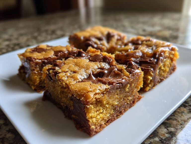 Close-up of several chewy Chocolate Chip Blondies on a white plate, showcasing the chocolate chips and golden-brown texture.