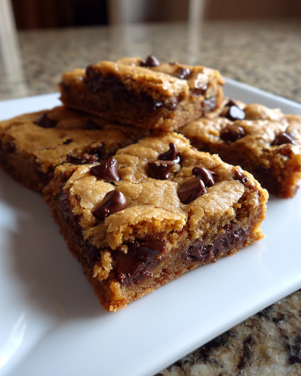 Close-up of stacked Chocolate Chip Blondies on a white plate, showcasing their chewy texture and melted chocolate.