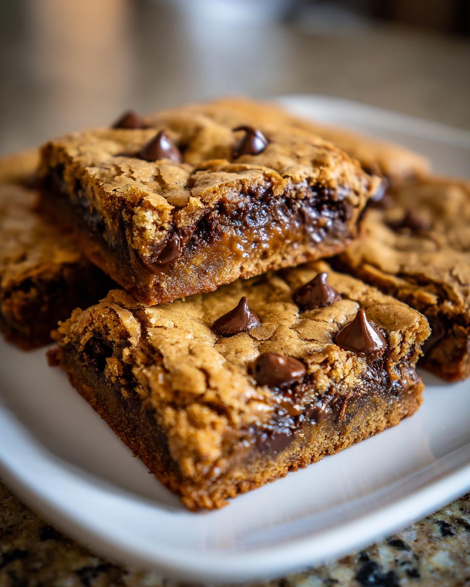 A stack of delicious homemade Chocolate Chip Blondies on a white plate, showcasing their chewy texture and chocolate chips.