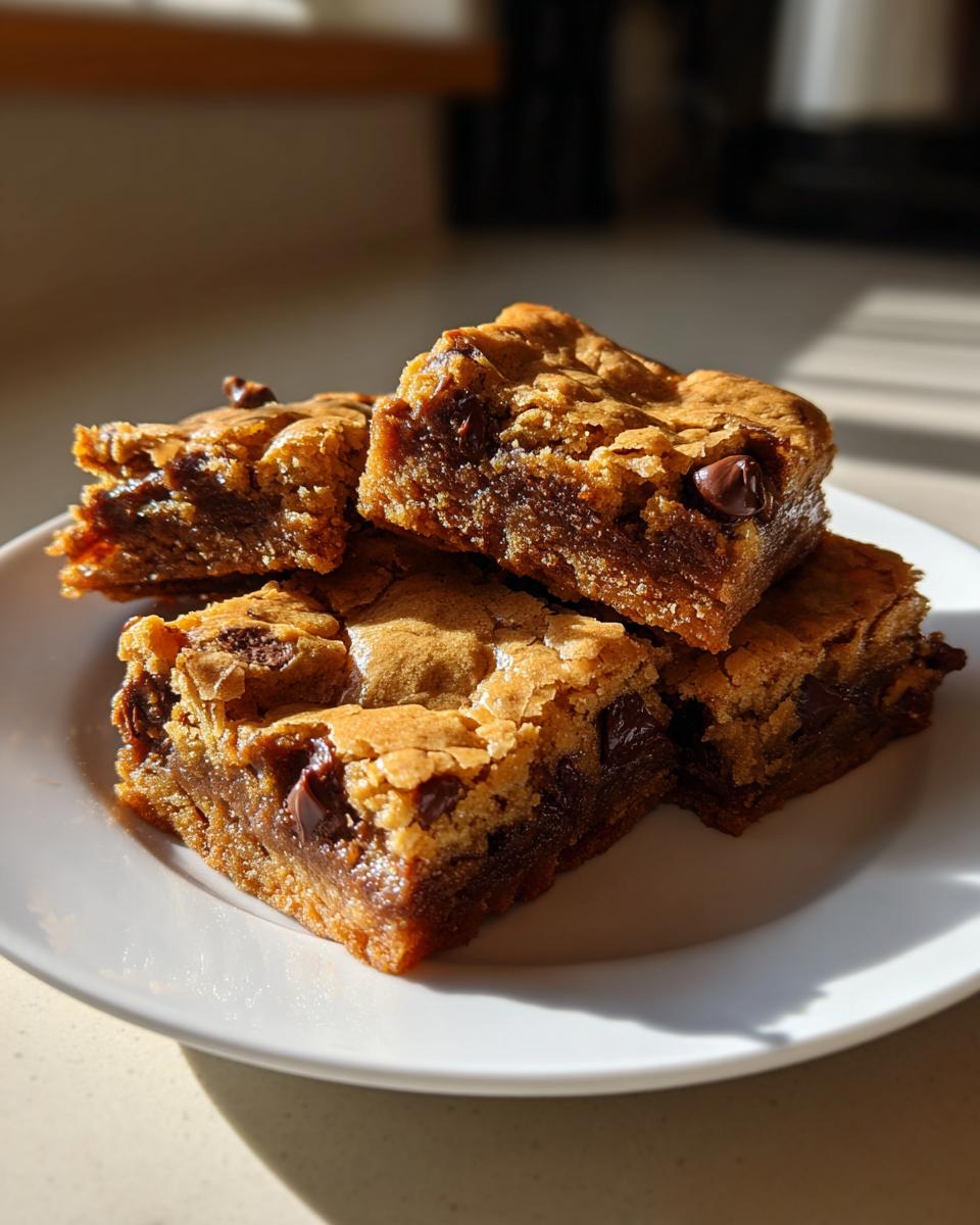 A stack of freshly baked Chocolate Chip Blondies on a white plate, showcasing their chewy texture and melted chocolate chips.