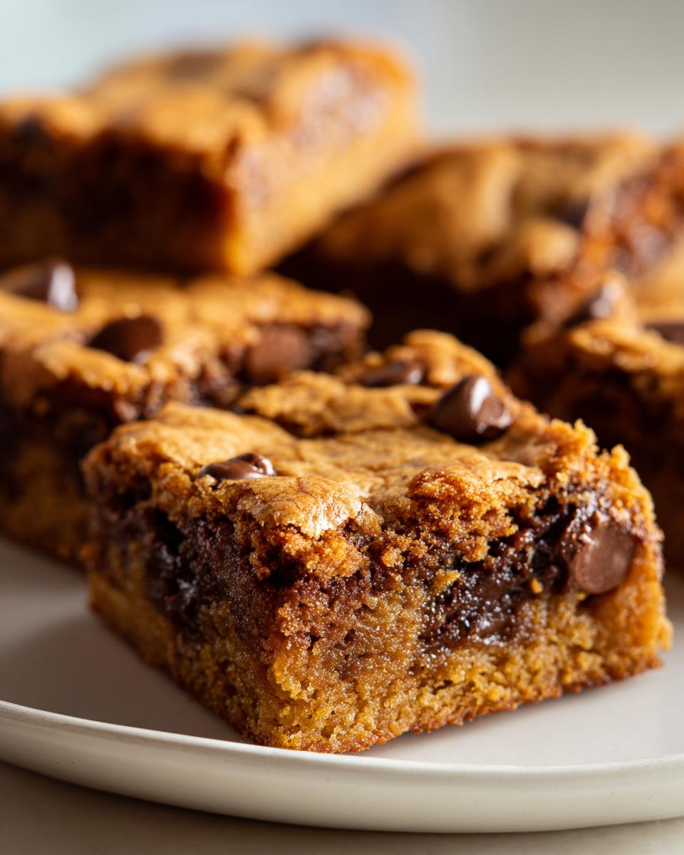 A close-up of stacked Chocolate Chip Blondies on a white plate, showcasing their chewy texture and melted chocolate.