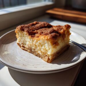 A slice of churro cheesecake bar on a plate, showcasing the cinnamon-sugar topping and creamy filling.