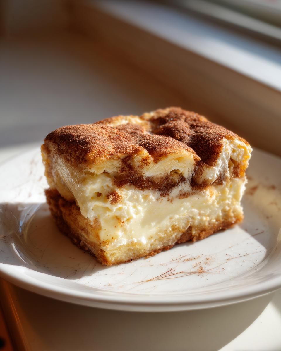 A single churro cheesecake bar on a white plate, dusted with cinnamon sugar.
