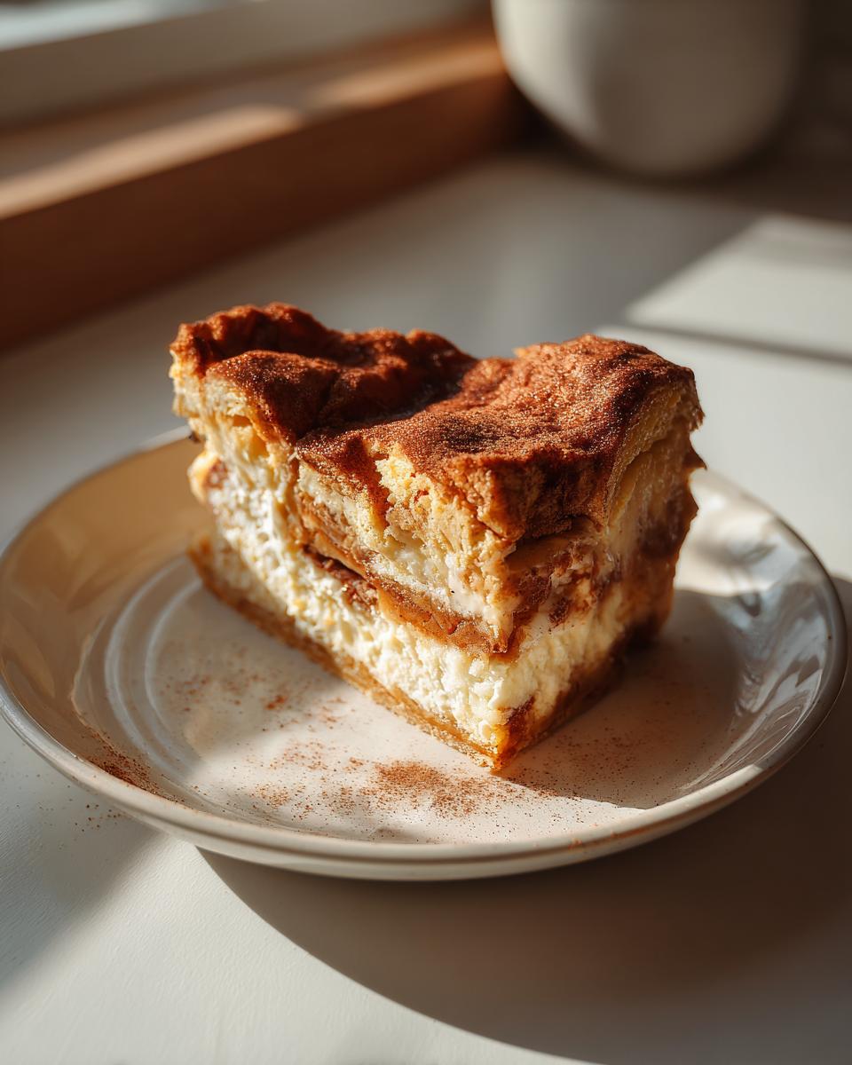 A single slice of churro cheesecake bars on a plate, dusted with cinnamon sugar.