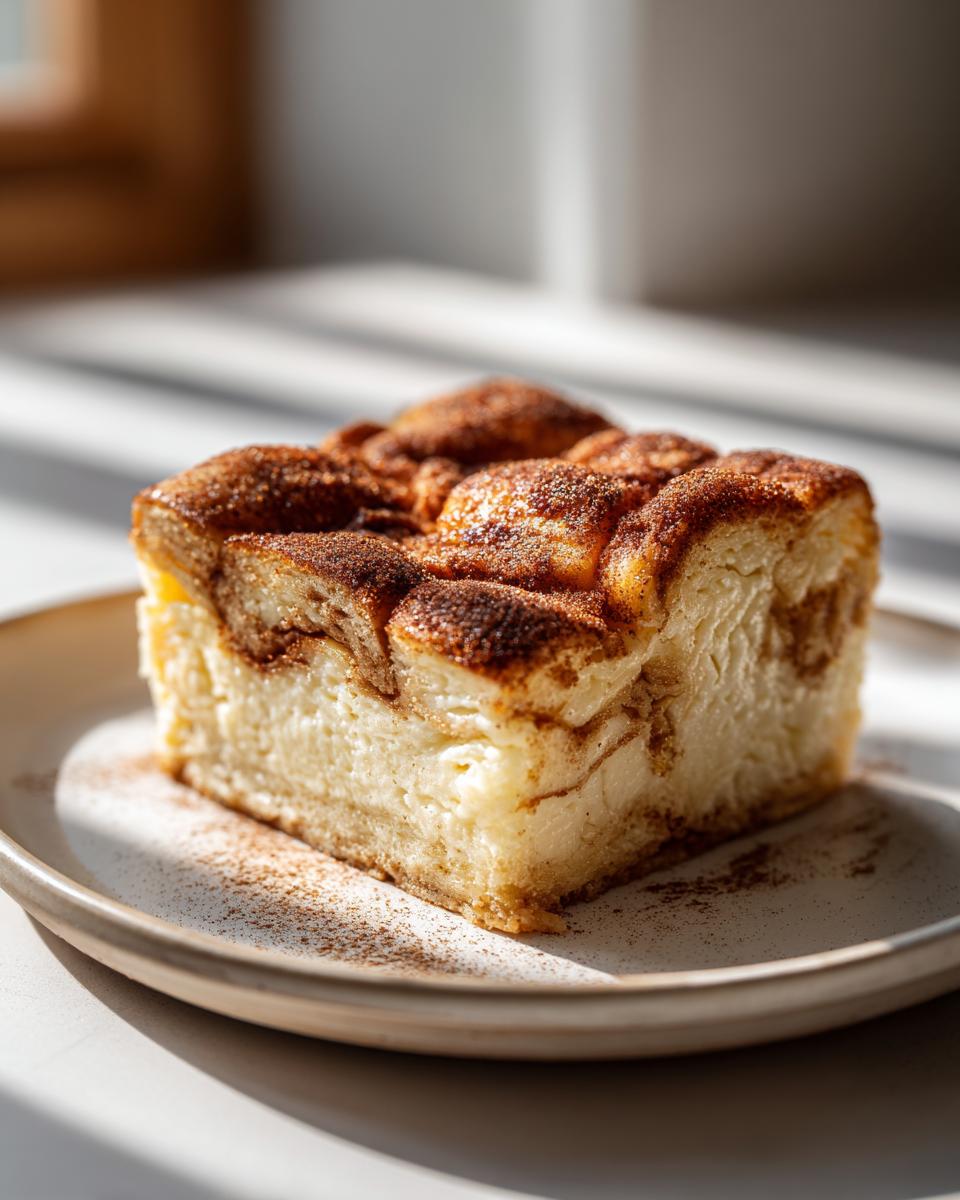 A single slice of churro cheesecake bars on a plate, dusted with cinnamon and sugar.