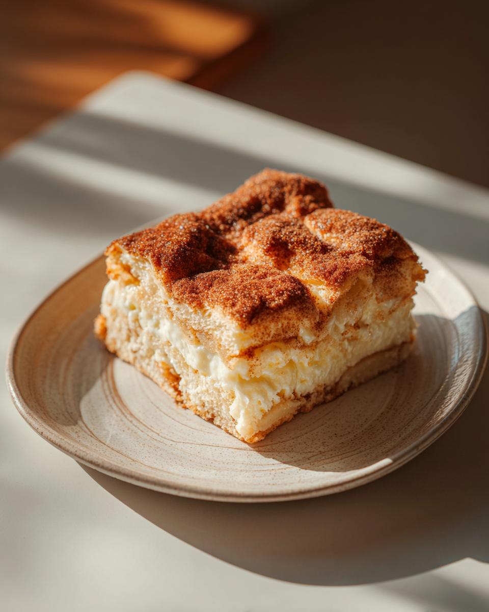 A single churro cheesecake bar slice on a plate, showcasing the creamy filling and cinnamon-sugar topping.