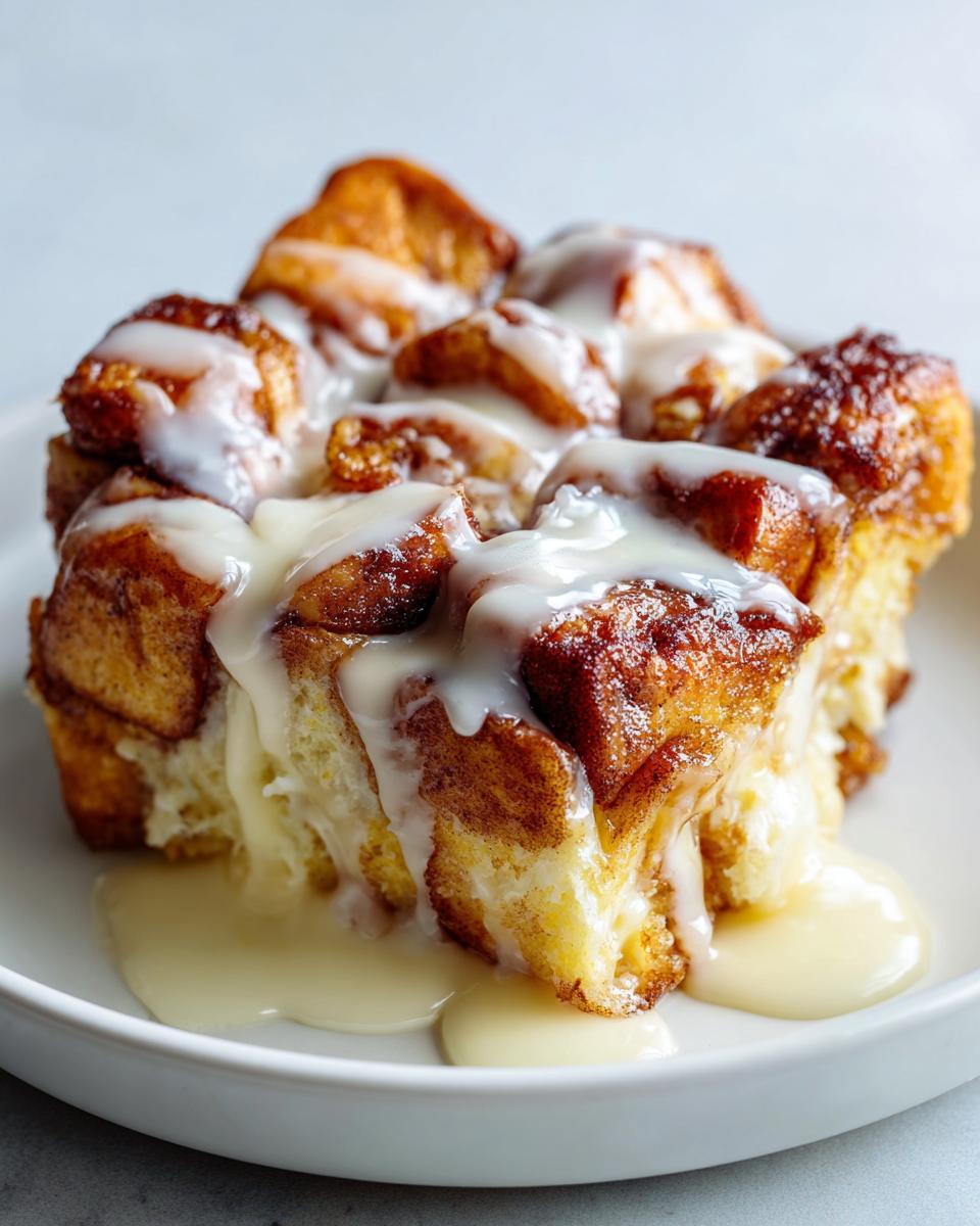 Close-up of a freshly baked cinnamon roll casserole with a creamy white icing drizzled on top, served on a white plate.