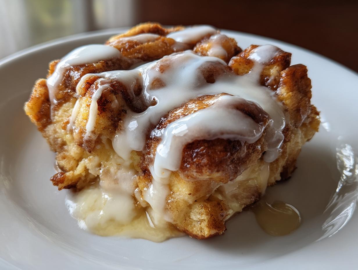 A single serving of cinnamon roll casserole, topped with white icing, sits on a white plate.