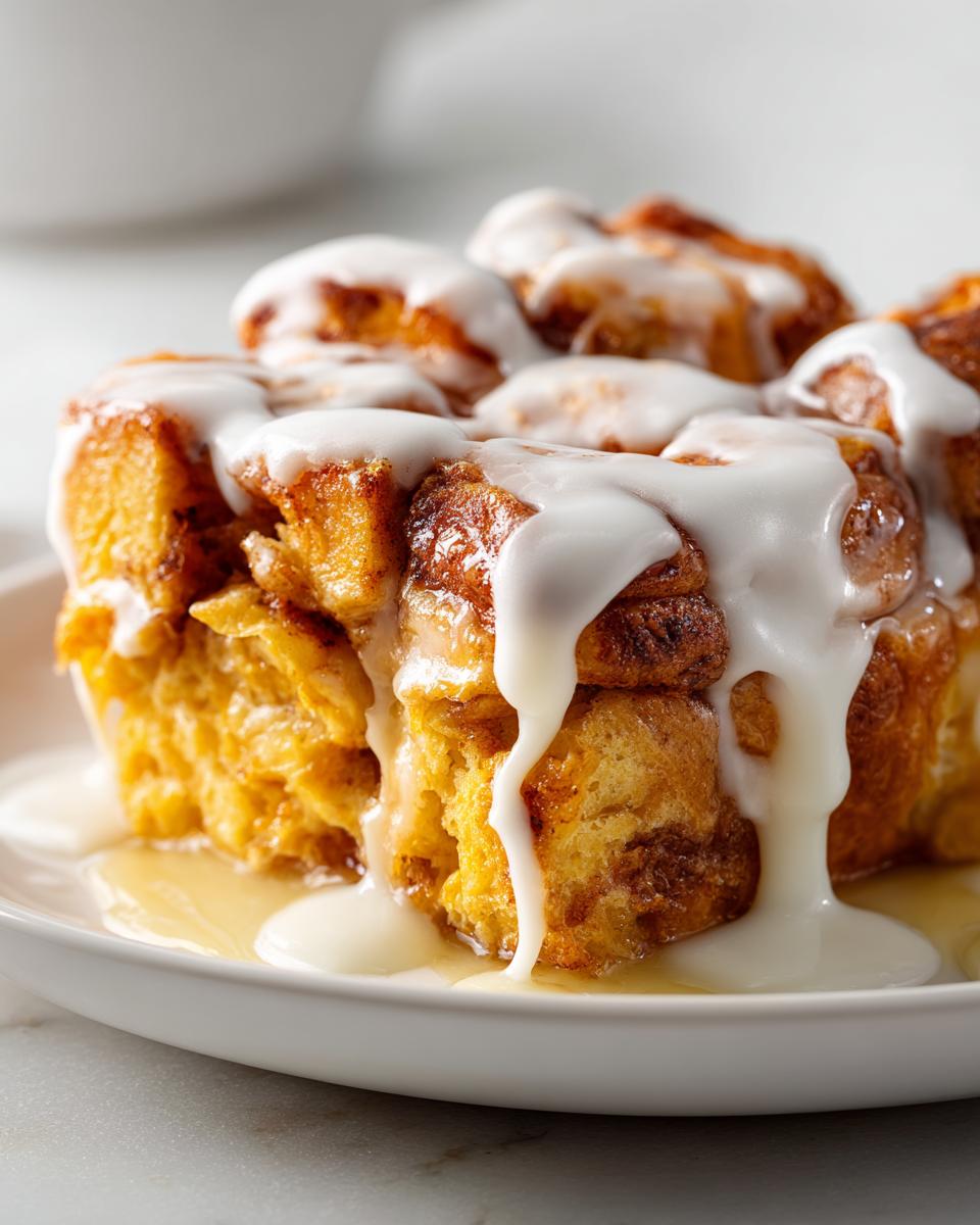 Close-up of a portion of cinnamon roll casserole, drizzled with icing on a white plate. Delicious cinnamon roll casserole.