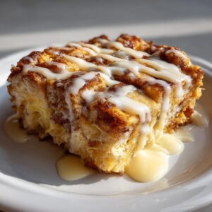 A delicious slice of cinnamon roll casserole topped with creamy white icing on a white plate.