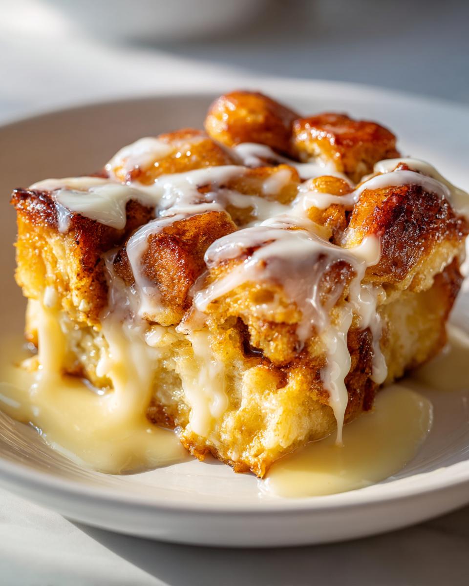 Close-up of a slice of cinnamon roll casserole with icing dripping down the sides on a white plate.