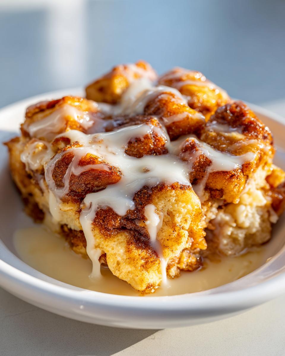 Close-up of a slice of cinnamon roll casserole with icing on a white plate.