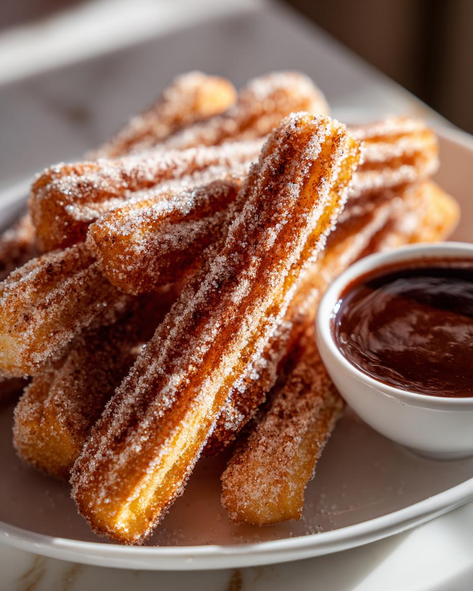 Pile of freshly made churros coated in cinnamon sugar, served with a side of rich chocolate dipping sauce.