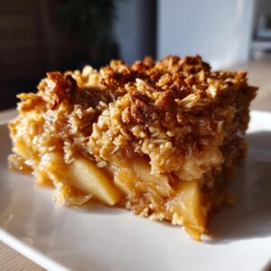 A single slice of classic apple crisp on a white plate, showcasing the apple filling and crispy oat topping.