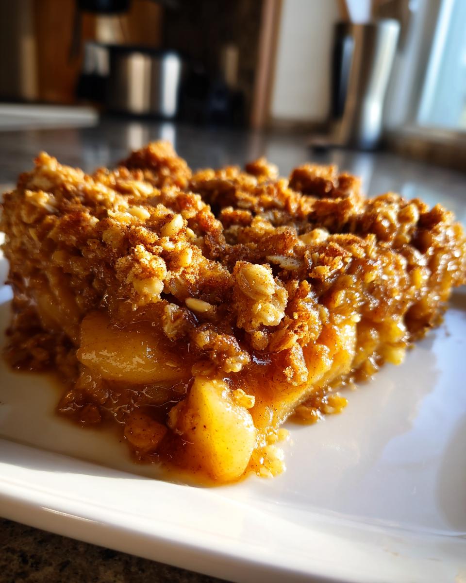 A close-up of a slice of classic apple crisp with a golden brown topping on a white plate.