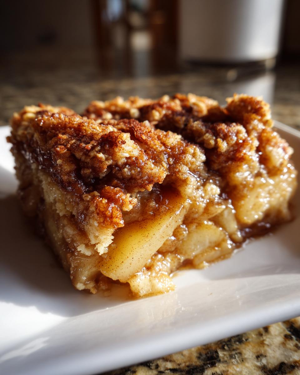 A single slice of classic apple crisp on a white plate, showcasing the apple filling and crumbly topping.