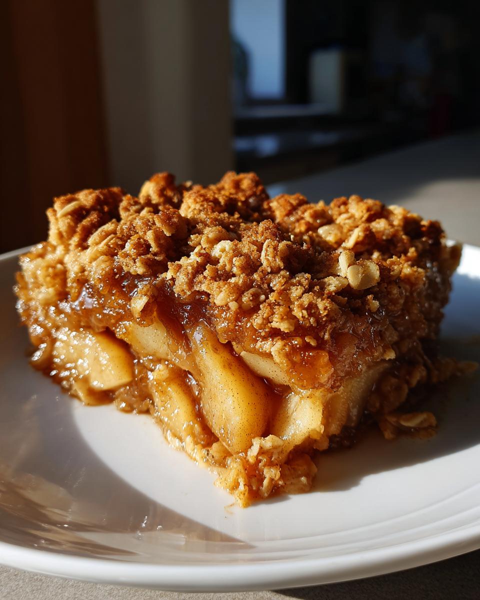 A slice of classic apple crisp with a golden brown topping on a white plate, ready to eat.