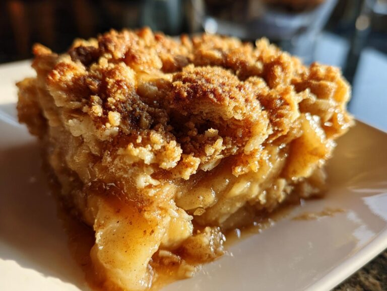 A single slice of classic apple crisp on a white plate, featuring a golden brown topping and visible apple filling.