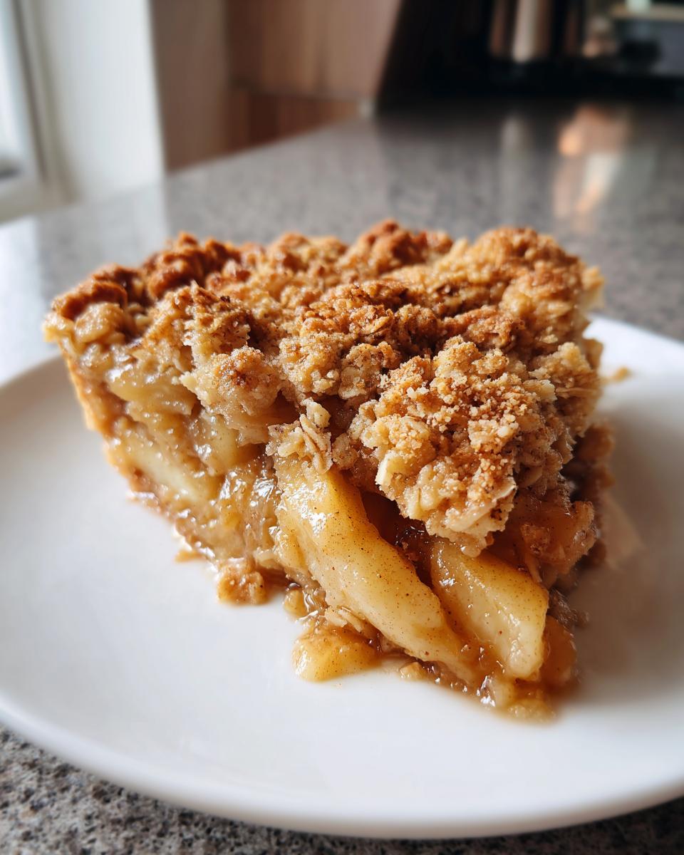 A delicious slice of classic apple crisp with a golden brown topping on a white plate.
