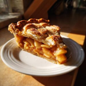 A delicious slice of Classic Apple Pie with golden crust on a white plate, ready to eat.