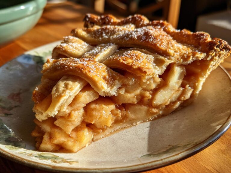 A slice of Classic Apple Pie with a golden lattice crust, filled with spiced apples on a decorative plate.