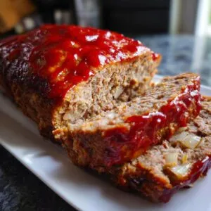 Sliced juicy Classic Meatloaf topped with a vibrant red glaze, showcasing a delicious homemade meal.