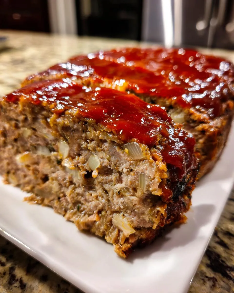 A slice of Classic Meatloaf with a shiny glaze, showcasing the moist texture and visible ingredients.