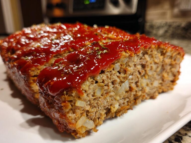 A slice of juicy classic meatloaf topped with a shiny red glaze and herbs, served on a white plate.