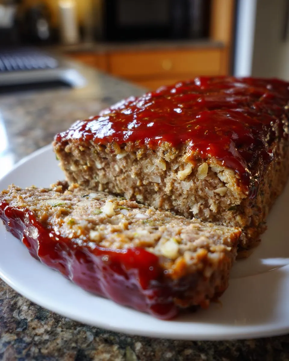 A slice of Classic Meatloaf with a shiny red glaze on a white plate.