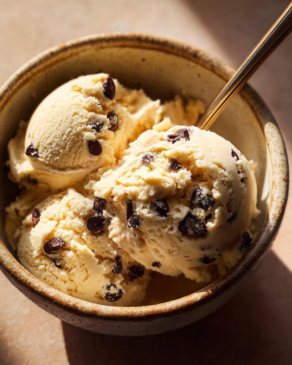 Close-up of a bowl with scoops of cottage cheese cookie dough, dotted with chocolate chips and a spoon.