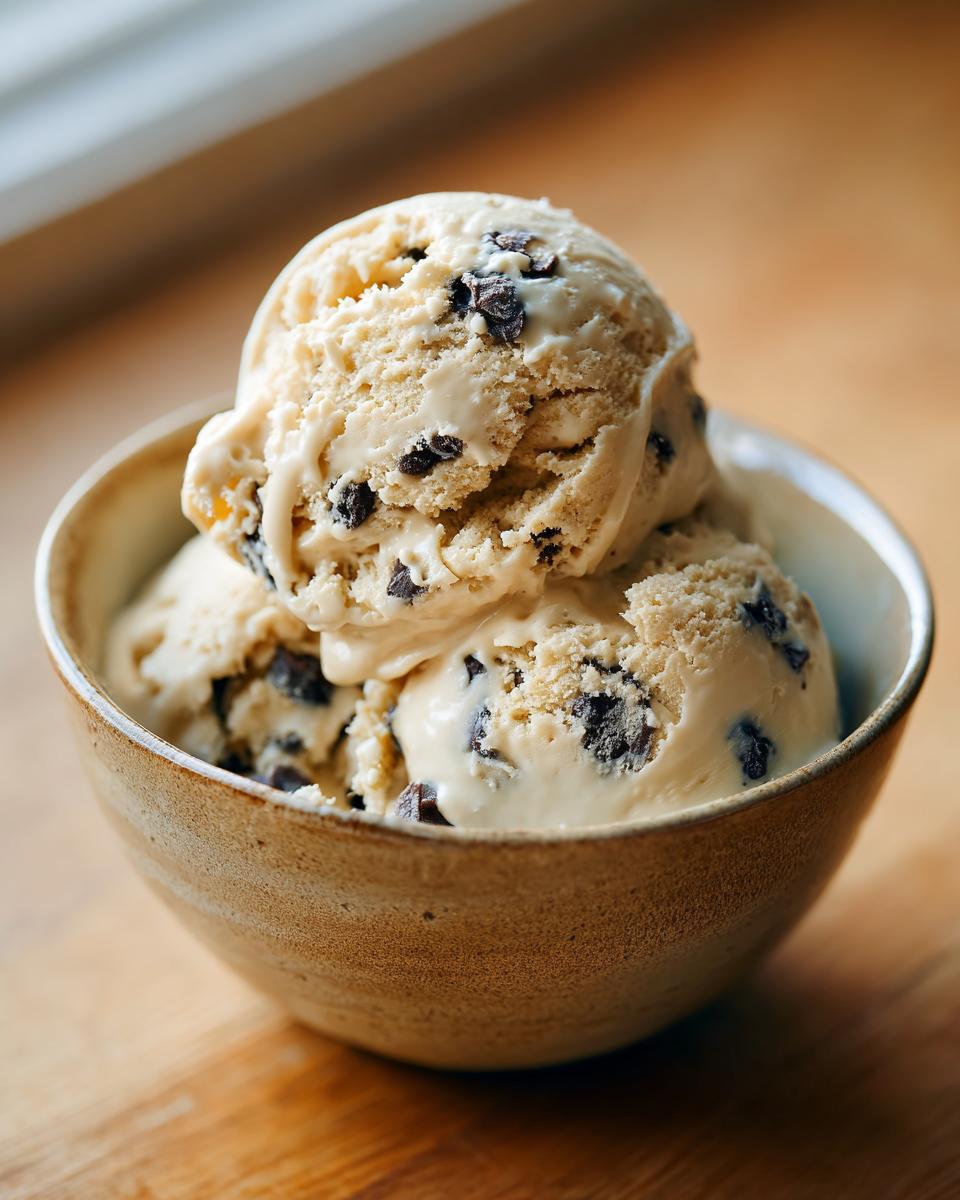 A bowl of creamy cottage cheese cookie dough with chocolate chips, ready to eat.