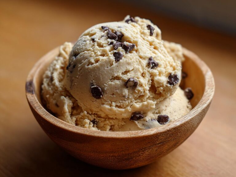 Two scoops of cottage cheese cookie dough with chocolate chips in a wooden bowl.