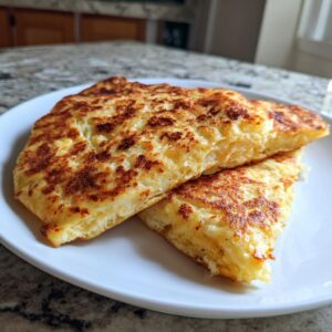 Two pieces of golden-brown Cottage Cheese Flatbread stacked on a white plate, ready to eat.