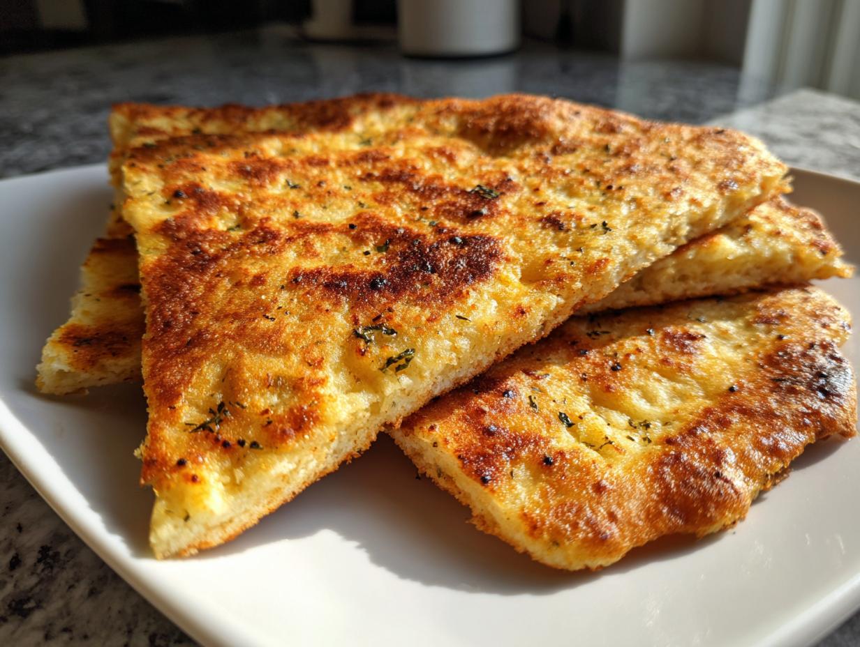Close-up of golden-brown Cottage Cheese Flatbread slices on a white plate, sprinkled with herbs.