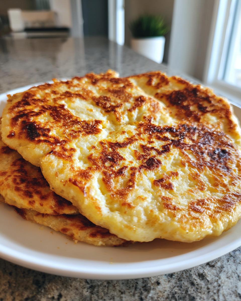 A stack of golden-brown Cottage Cheese Flatbread on a white plate, ready to eat.