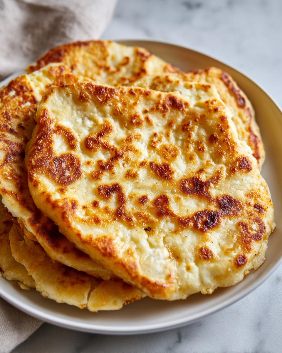 A stack of golden-brown Cottage Cheese Flatbread on a plate, ready to eat. Simple recipe.