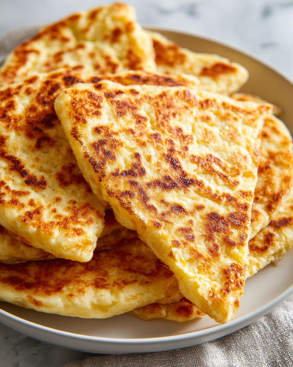 A stack of golden brown Cottage Cheese Flatbread triangles on a plate, ready to eat.