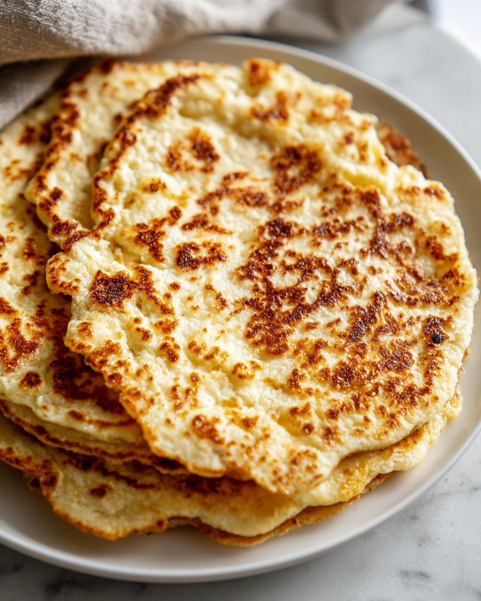 A stack of golden-brown Cottage Cheese Flatbread on a white plate, ready to eat.