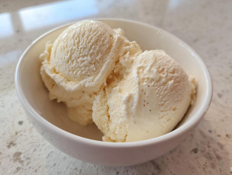 Two scoops of creamy cottage cheese ice cream served in a white bowl, ready to enjoy.