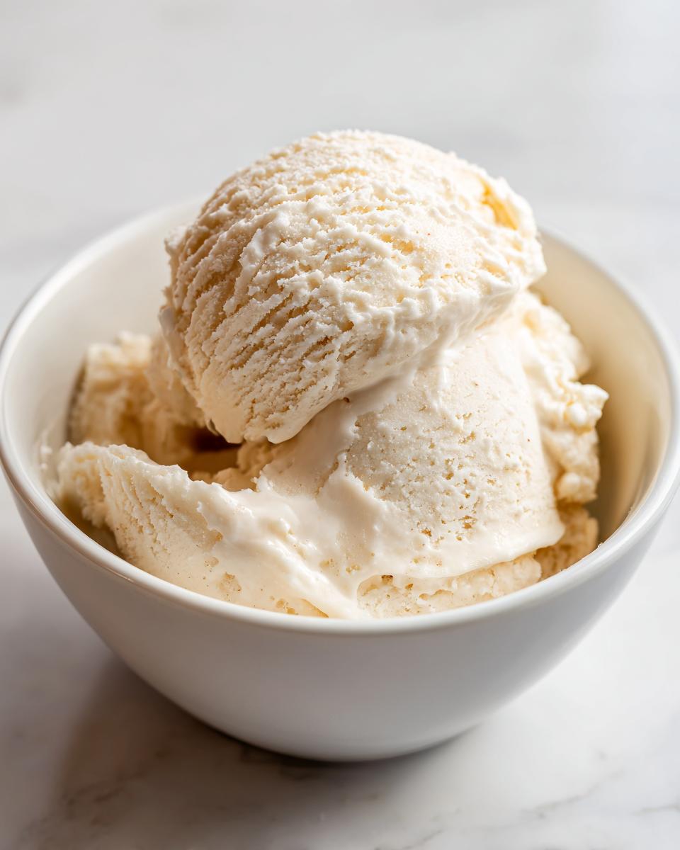 Two scoops of creamy cottage cheese ice cream in a white bowl, ready to enjoy.