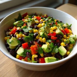 A colorful bowl of Cowboy caviar dip featuring black beans, corn, avocado, tomatoes, and cilantro.