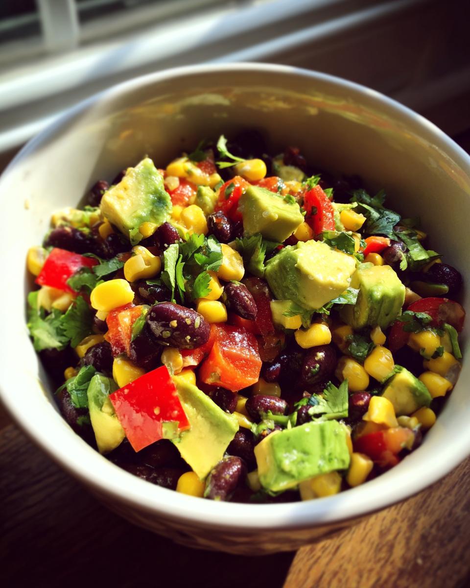 Close-up of a bowl of Cowboy caviar dip with black beans, corn, avocado, red pepper, and cilantro.