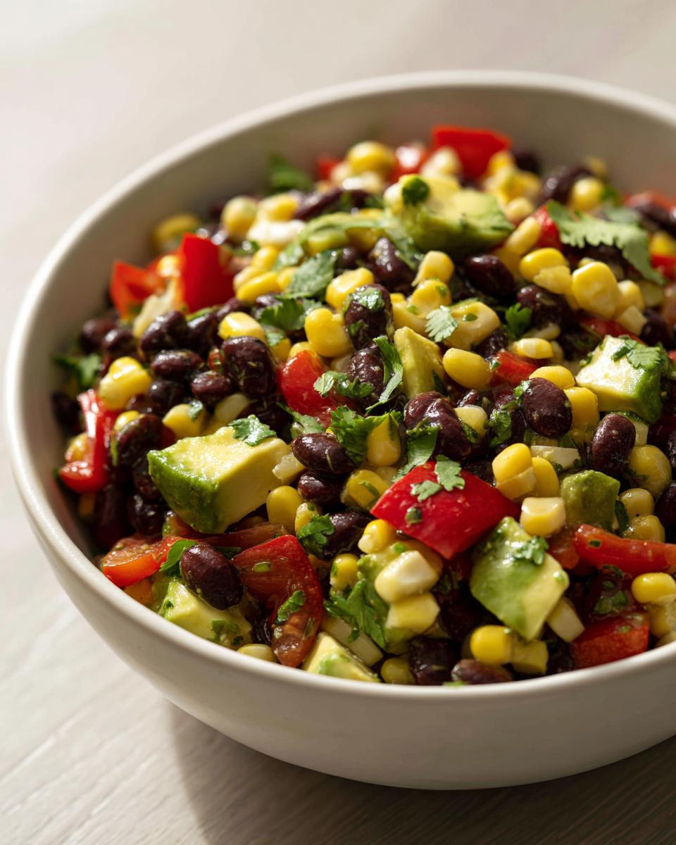 Close-up of Cowboy caviar dip in a white bowl, featuring black beans, corn, avocado, red bell pepper, and cilantro.